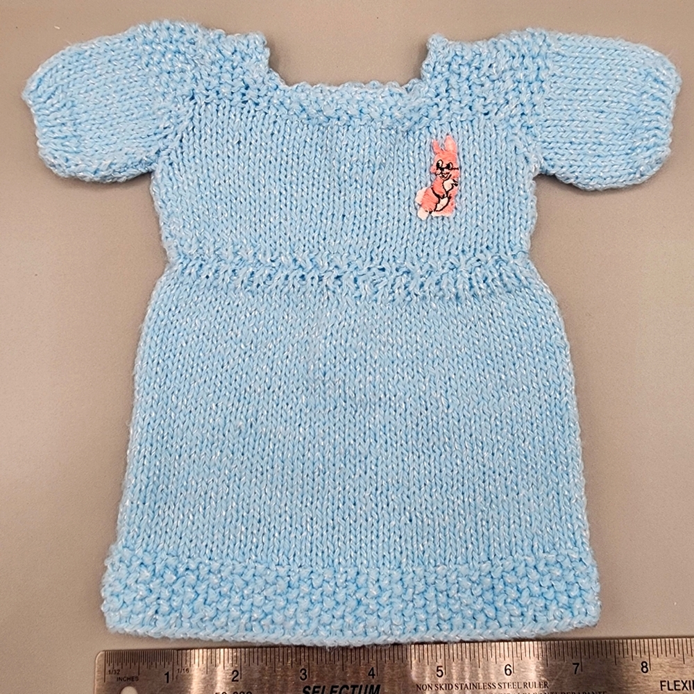 Vintage Handmade Crochet Blue Baby Doll Dress with Pink Bunny Patch.‎